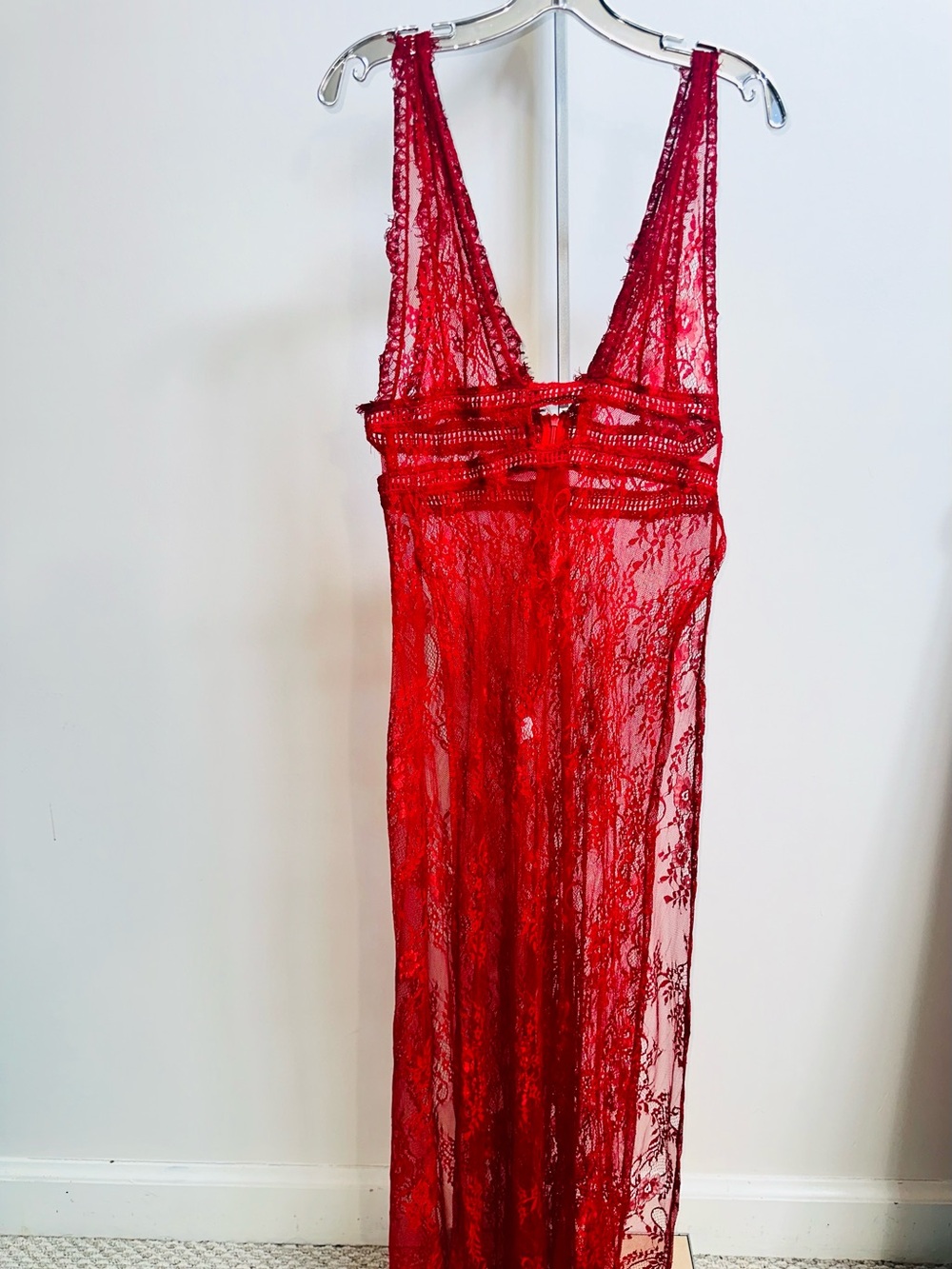 Sheer Red Lace side slit Maxi Chemise Nightgown - Women's Intimates